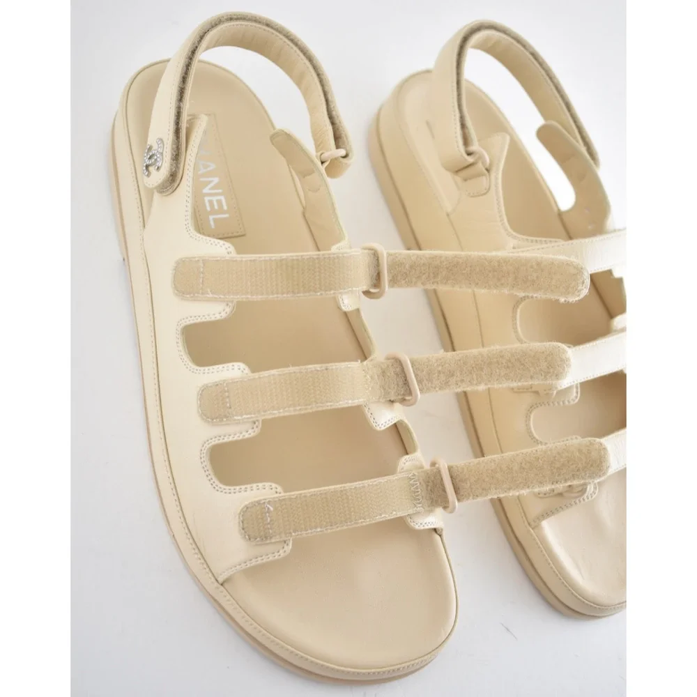 Chanel 24S Beige Leather Triple Strap CC Logo Mule Slide Teva Dad Sandal Flat 41